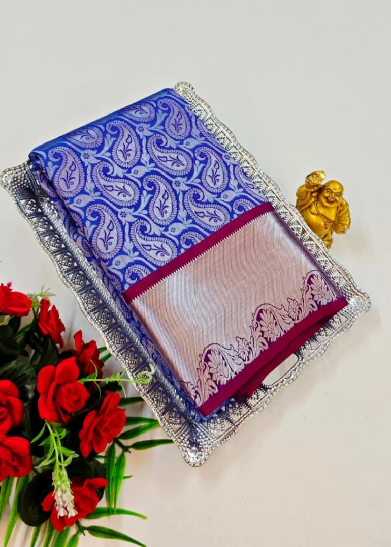 Bridal silk gold silvar and copper zari weave and wedding art silk sarees - royal blue